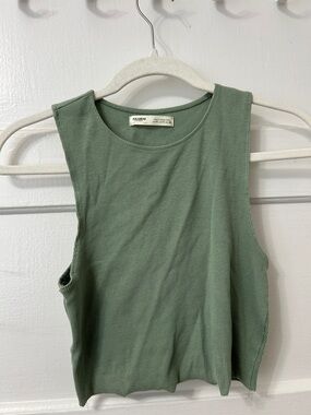 Pull&Bear Ribbed Sage Green Sleeveless Tank Cutoff Crop Top